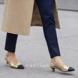 Naturalizer Comfort Slingback Pumps Gold Black Cap Toe Low Heel Size 7W Wide NWB